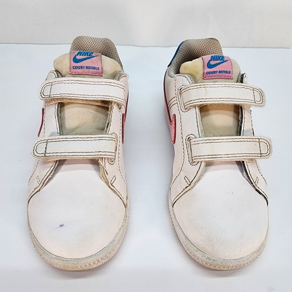 Nike Court Royale Kids Sneakers White Pink Blue Hook & Loop Leather US 10C